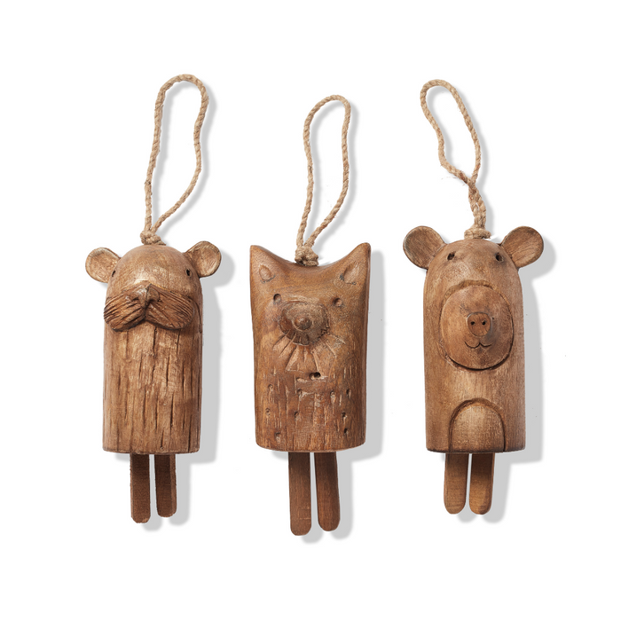 Carved Wood Forest Critter Bell Ornament (Large)