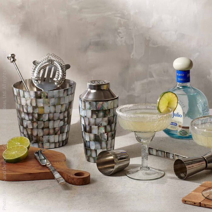 Abalon™ Handmade Stainless Steel, Brass and Mother of Pearl Barware Set ...