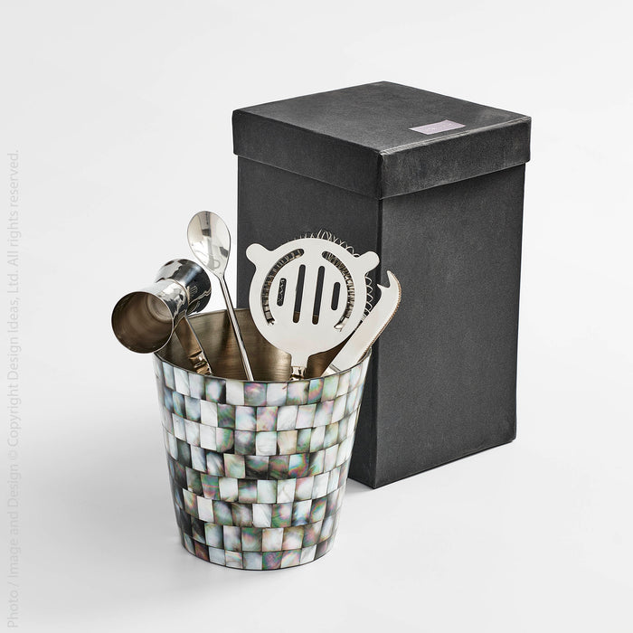 Abalon™ Handmade Stainless Steel, Brass and Mother of Pearl Barware Set ...